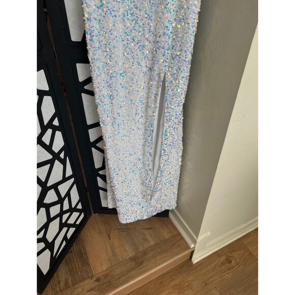 Blingy open slit sexy long sequined white dress. Size 11-12 - Picture 2 of 8
